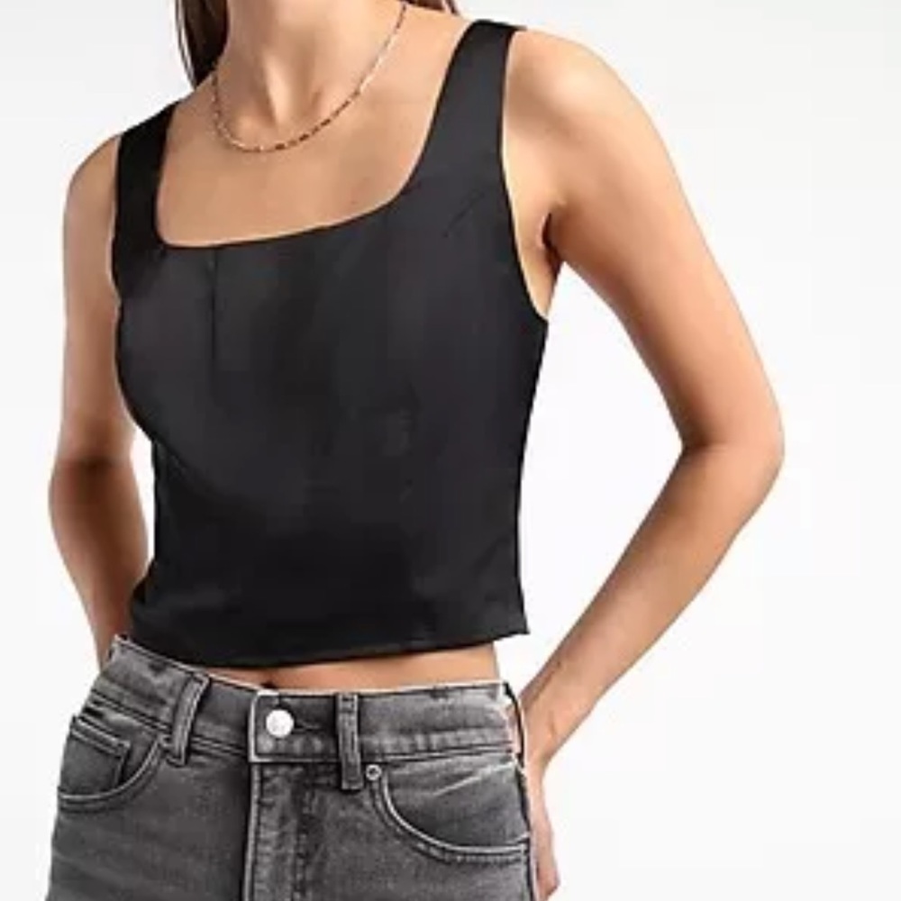 Express Medium Black Satin Silk Crop Top Zipper Used Tank Sleeveless Goth Grunge